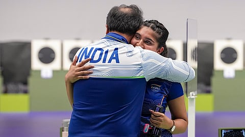 India's Esha Singh being greeted after securing a silver medal during the women's 25m pistol event in the ongoing 20th Asian Games, at the Aichi Prefectural Shooting Range in Nagoya, Aichi Prefecture, Japan, Monday, Sept. 28, 2026.