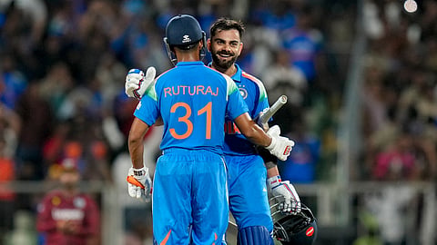India's Virat Kohli shares a hug with Ruturaj Gaikwad after the team's win in the first One Day International (ODI) cricket match between India and West Indies, in Thiruvananthapuram, Sunday, Sept. 27, 2026.