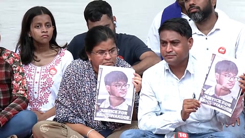 IIT Bombay student Sahil Wakode’s father, Ravindra Wakode, began a sit-in protest at Azad Maidan yesterday, seeking justice for his son