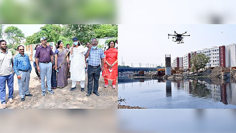 GCC Commissioner GS Sameeran inspected a drone-based trial to spray mosquito larvicide along the Cooum near the Chennai Medical College hostel on September 29, 2026.