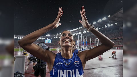 India's Prachi celebrates after winning gold medal in the women's 4 x 100 relay final in the ongoing Asian Games 2026, in Nagoya, Japan.