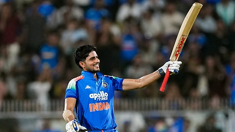 India's captain Shubman Gill celebrates his century during the second One Day International (ODI) cricket match between India and West Indies, in Guwahati, Assam, Wednesday, Sept. 30, 2026 
