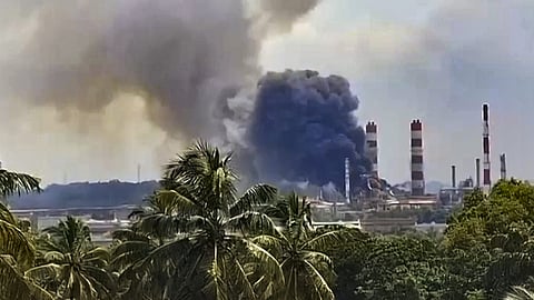 Smoke erupts after a loud explosion-like sound was reported from the MRPL premises, near Jokatte in Mangaluru, Karnataka