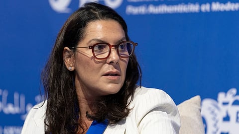 Fatima Ezzahra El Mansouri, Moroccan minister, politician and mayor of Marrakech, takes part in an electoral rally for Authenticity and Modernity Party (PAM) ahead of the upcoming legislative elections, in Tangier, Morocco