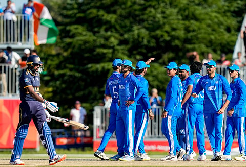 Nisshin: India's Jasprit Bumrah, centre, celebrates with Axar Patel, right, and Washington Sundar after taking the wicket of Sri Lanka's Sineth Jayawardena