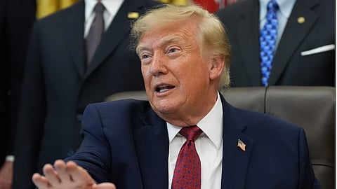 President Donald Trump speaks in the Oval Office of the White House in Washington.