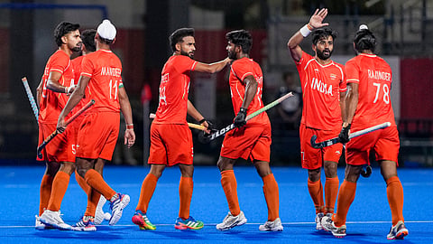 From left, India's Abhishek, Mandeep Singh, Sukhjeet Singh, Sumit, Manpreet Singh and Rajinder Singh celebrate after winning the men's semifinal hockey match between India and Pakistan, at the ongoing 20th Asian Games, in Kakamigahara, Japan, Thursday, Oct. 1, 2026
