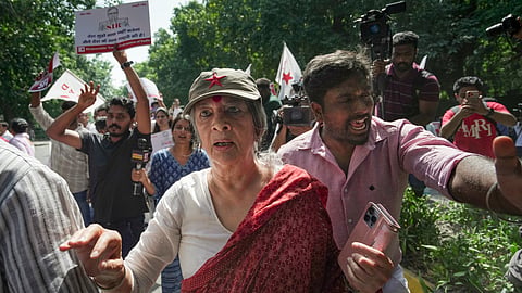  CPI(M) leader Brinda Karat takes part in a protest against the CEC near the Jantar Mantar, in New Delhi, Friday, Oct. 2, 2026.