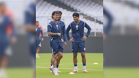 Members of the Indian men's national football team during a training session on the eve of their international friendly match against Brazil, at Vivekananda Yuba Bharati Krirangan (Salt Lake Stadium), in Kolkata.