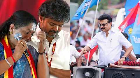 CM Vijay and Sathyabama (L), MK Stalin (R)