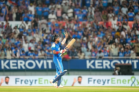 India's KL Rahul celebrates his century during the third and final One Day International (ODI) cricket match of a series between India and West Indies, in Mullanpur, Saturday, Oct. 3, 2026