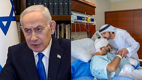Israel Prime Minister Benjamin Netanyahu (L), The injured pilot Smit Machchhar (R)