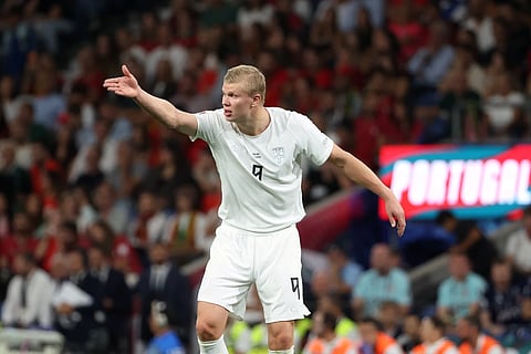 Norway's Erling Haaland gestures during the National League Soccer match between Portugal and Norway in Porto, Portugal