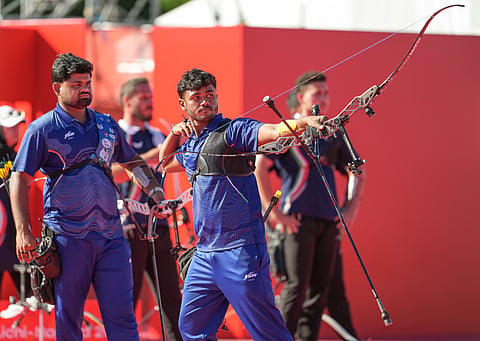 India's Yashdeep Bhoge and Neeraj Chauhan compete against Iran during the men's recurve archery team semifinal event at the 20th Asian Games, in Okazaki, Aichi, Japan, Friday, Oct. 2, 2026