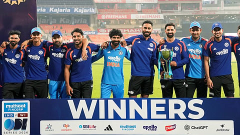 India's players pose for photographs with the series trophy after winning the One Day International (ODI) cricket series between India and West Indies, in Mullanpur, Saturday, Oct. 3, 2026