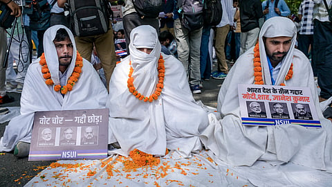 NSUI stages 'living dead' protest seeking Gyanesh Kumar's resignation; several detained