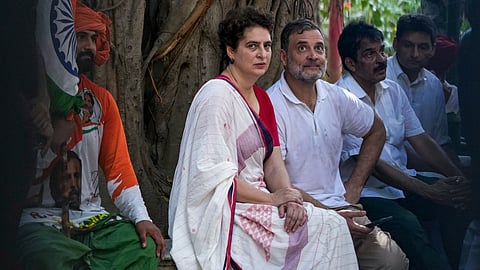 Leader of Opposition in the Lok Sabha Rahul Gandhi and Congress MP Priyanka Gandhi Vadra at All India Radio after being stopped by security personnel during a protest march from Parliament towards the Election Commission of India (ECI) office, demanding the resignation of Chief Election Commissioner Gyanesh Kumar