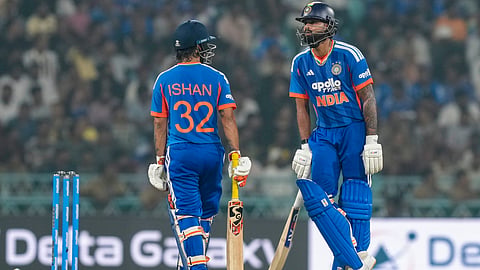 India's captain Shreyas Iyer, right, interacts with Ishan Kishan between the wickets during the first T20I cricket match of a series between India and West Indies, in Lucknow