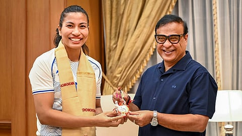  Assam Chief Minister Himanta Biswa Sarma felicitates boxer Lovlina Borgohain during a meeting, in Guwahati, Tuesday, Oct. 6, 2026