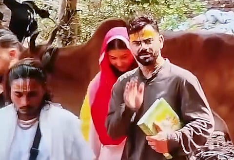 Cricketer Virat Kohli and his wife Anushka Sharma visit the ashram of Premanand Maharaj, in Vrindavan, Uttar Pradesh, Wednesday, July 22, 2026.