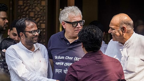 TMC MP Derek O'Brien, Congress MP Imran Pratapgarhi and others during a lunch for INDIA bloc MPs hosted by party President Mallikarjun Kharge at Sagar Ratna restaurant, Janpath, in New Delhi, Wednesday, Oct. 7, 2026
