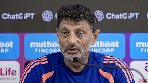 India's batting coach Sitanshu Kotak addresses a press conference ahead of the first One Day International (ODI) cricket match between India and West Indies, in Thiruvananthapuram.