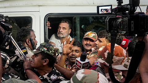 Congress leader Rahul Gandhi after his detention by the police during a sit-in protest against Chief Election Commissioner (CEC) Gyanesh Kumar at the roundabout near Shangri-La hotel, in New Delhi