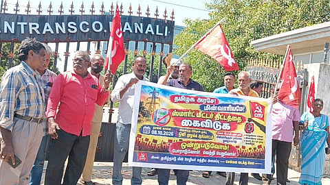 Members of the Central Organisation of Tamil Nadu Electricity Employees conducting a token protest in Chennai on October 8.