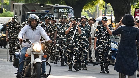 Security personnel at Kartavya Path ahead of a proposed protest call by the Cockroach Janta Party (CJP), in New Delhi
