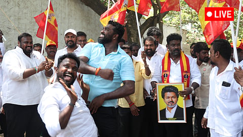 TVK cadres at the Panaiyur headquarters, Chennai, celebrate the party's victory in the Madurantakam & Dharapuram bypolls on October 9, 2026.