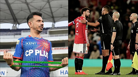 Indian leg-spinner Yuzvendra Chahal (L), Manchester United captain Bruno Fernandes (R)