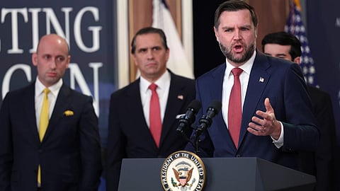 Vice President JD Vance speaks as Stephen Miller, White House deputy chief of staff, from left, and Attorney General Todd Blanche listen during a news conference on the Fraud Task Force inside the Eisenhower Executive Office Building on the White House campus in Washington.
