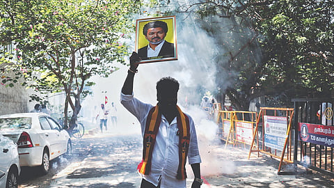 TVK cadres celebrate at party headquarters in Paniyur