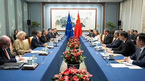 Photo released by the Xinhua News Agency, Chinese Vice Premier He Lifeng, fourth right, meets with European Commissioner for Trade and Economic Security Maros Sefcovic, fourth left, in Beijing.