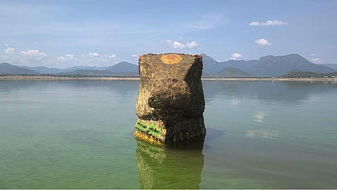 Nandi statue became visible following a drop in water level in the Mettur dam.