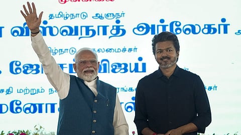 CM Vijay and PM Modi during the launch and inauguration of various development projects worth over 13,000 crore, including Chennai Metro Rail Phase II, at IIT Madras, in Chennai on October 11.