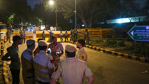 Security personnel keep a vigil at Jantar Mantar road after a protest call by Cockroach Janta Party (CJP) against Chief Election Commissioner (CEC) Gyanesh Kumar over alleged electoral roll irregularities, in New Delhi, Saturday, Oct. 10, 2026.