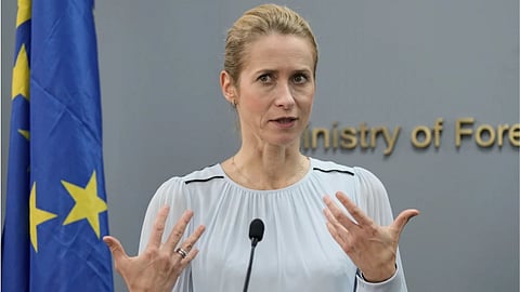 European Union foreign policy chief Kaja Kallas speaks during a joint news conference with Lebanese Foreign Minister Youssef Rajji in Beirut, Lebanon.