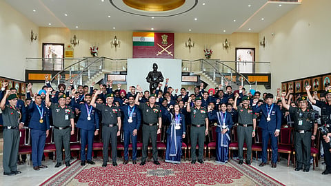 Chief of the Army Staff (COAS) General Dhiraj Seth in a group picture during an interaction and felicitation event for the Indian Army Sportspersons who participated in the 2026 Asian Games, in New Delhi, Monday, Oct. 12, 2026.