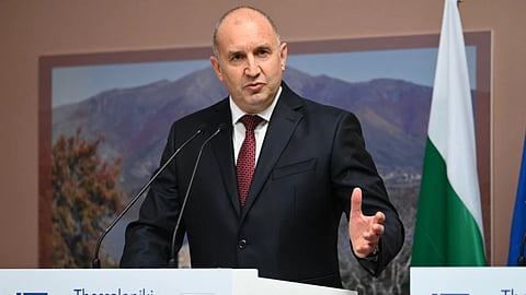 Bulgarian President Rumen Radev speaks at an event in Thessaloniki, Greece.
