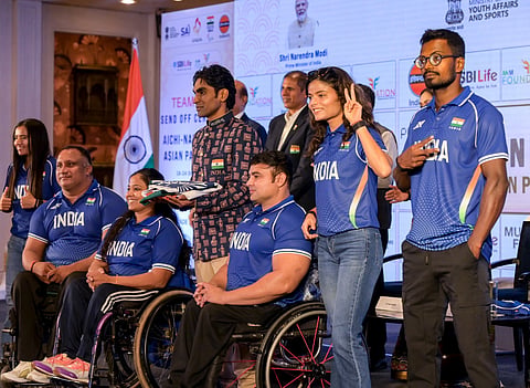 A picture from the send-off ceremony for Aichi-Nagoya Asian Para Games 2026, in New Delhi, Thursday, Oct. 8, 2026. 