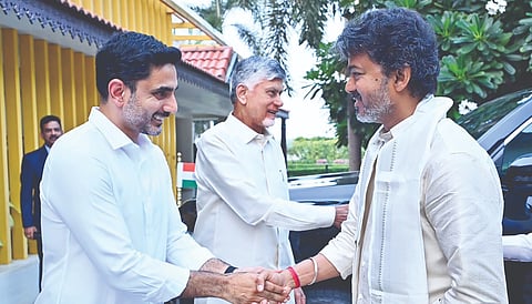 CM Vijay greets Andhra minister Nara Lokesh during a visit to the neighbouring state