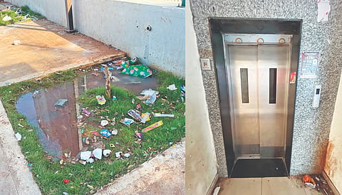 Sewage stagnation, defunct lifts raise safety concerns among residents of the urban housing complex