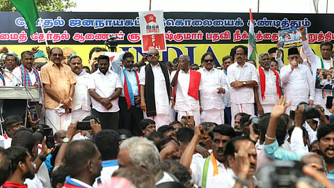 TN Minister Rajmohan with the India Bloc and Congress leaders protest demanding CEC Gyanesh Kumar's resignation