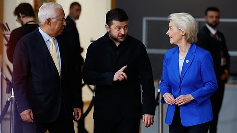 European Council President Antonio Costa (L), Ukraine President Voldymyr Zelenskyy (Middle), European Commission President Ursala Von Der Leyen (R)