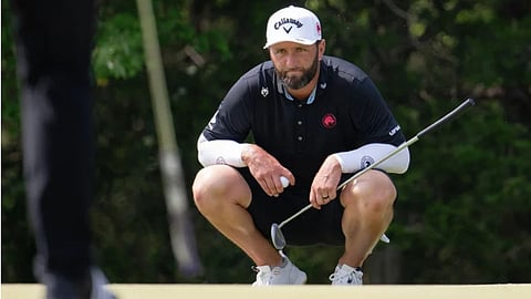 Captain Jon Rahm of Legion XIII reads his putt during the final round of LIV Golf Bedminster at Trump National Golf Club.