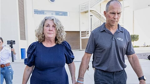 Debra and Martin Robinson, parents of Australian brothers Callum and Jake Robinson, leave the courthouse after the trial of the men accused of murdering the brothers and an American friend, in Ensenada, Mexico.