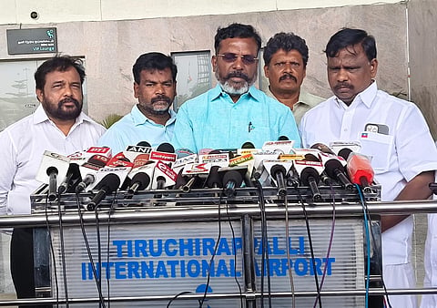 VCK chief Thol Thirumavalavan addressing the media in Tiruchy on Saturday