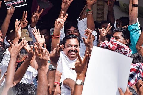 AIADMK leader Edappadi K Palaniswami at the party’s 55th foundation day celebrations at the headquarters in Royapettah