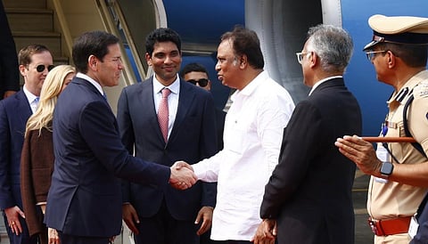US Secretary of State Marco Rubio being greeted by Maharashtra Minister Ashish Shelar upon his arrival in Mumbai